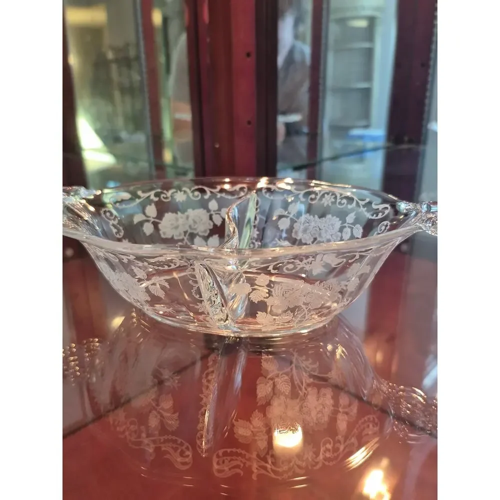 Fostoria Relish Dish‎ Adult OS Clear Midnight Rose Etched Vintage Glass Bowl